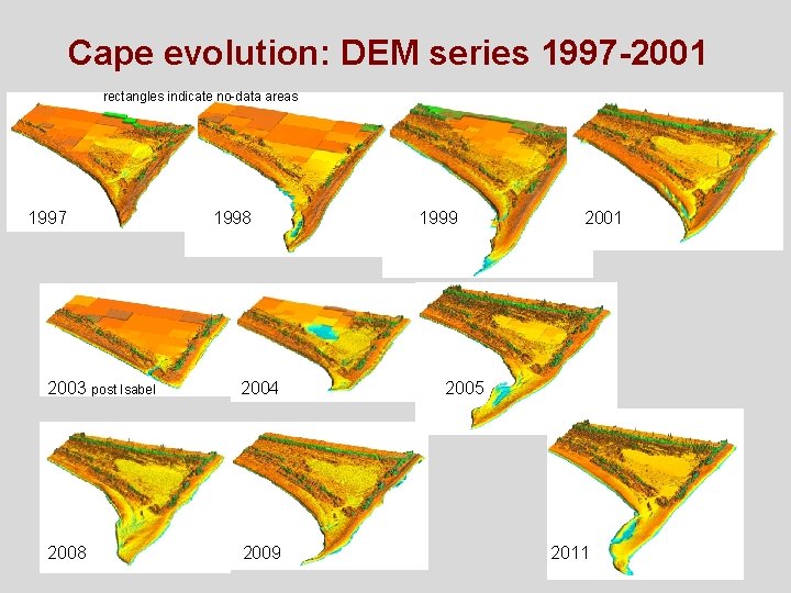 Cape evolution: DEM series 1997 -2001 rectangles indicate no-data areas 1997 1998 2003 post
