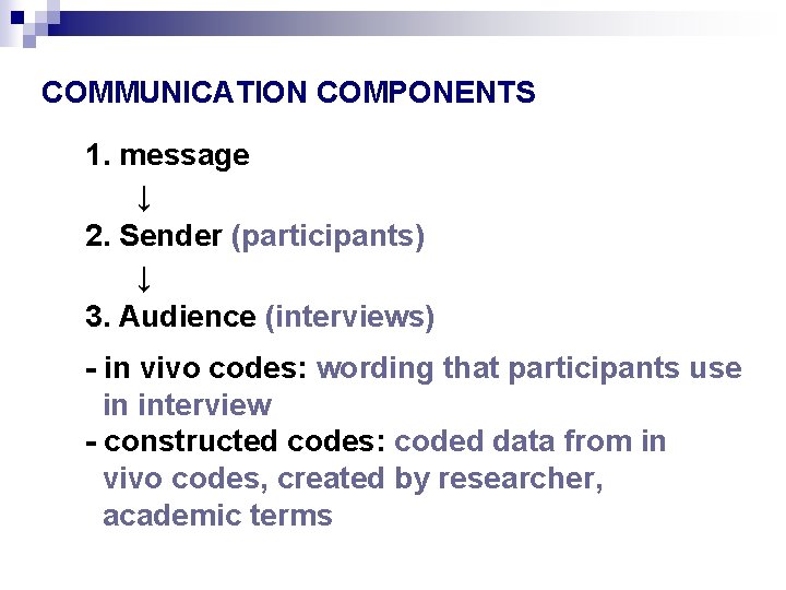 COMMUNICATION COMPONENTS 1. message ↓ 2. Sender (participants) ↓ 3. Audience (interviews) - in