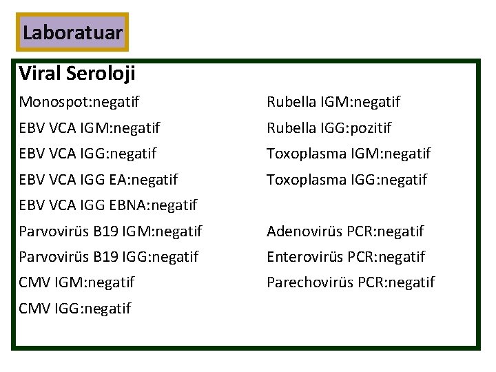 Laboratuar Viral Seroloji Monospot: negatif Rubella IGM: negatif EBV VCA IGM: negatif Rubella IGG: