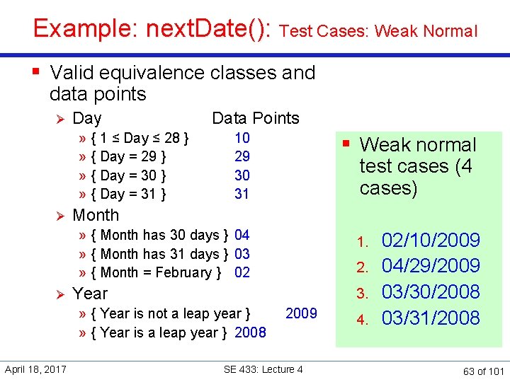 Example: next. Date(): Test Cases: Weak Normal § Valid equivalence classes and data points