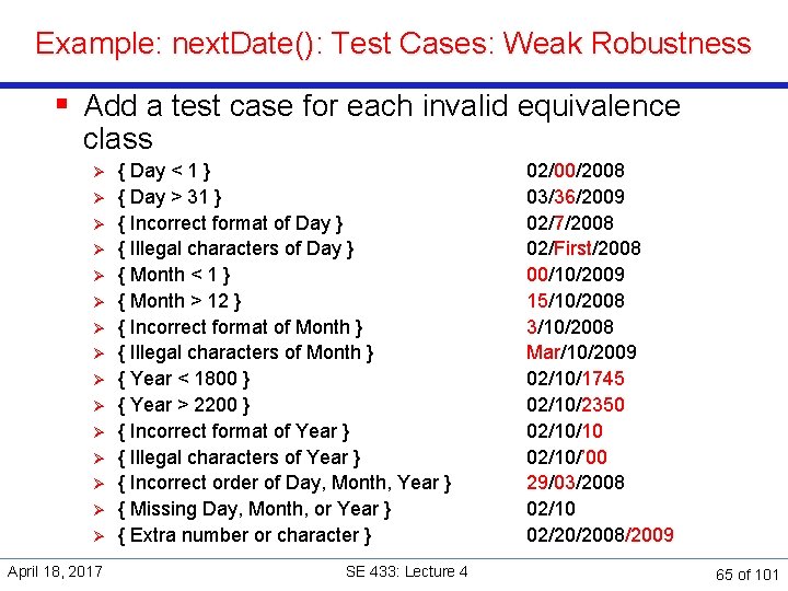 Example: next. Date(): Test Cases: Weak Robustness § Add a test case for each