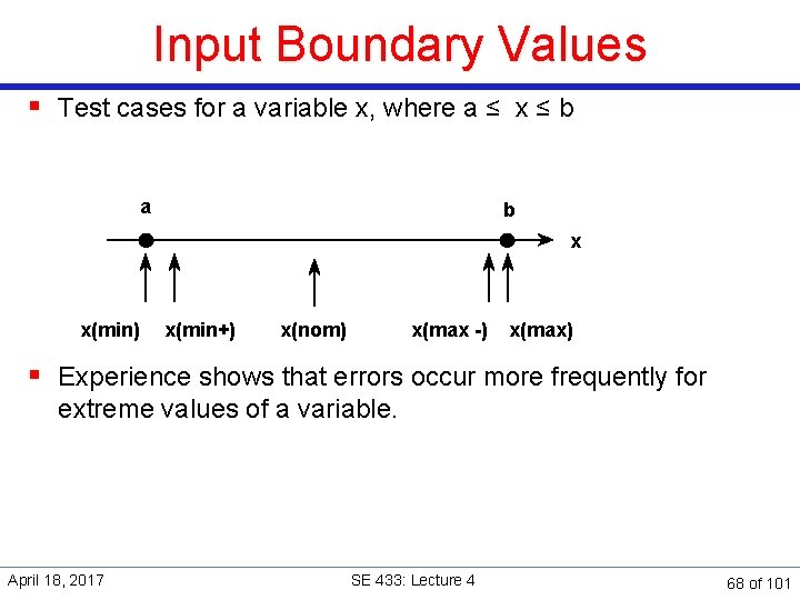 Input Boundary Values § Test cases for a variable x, where a ≤ x