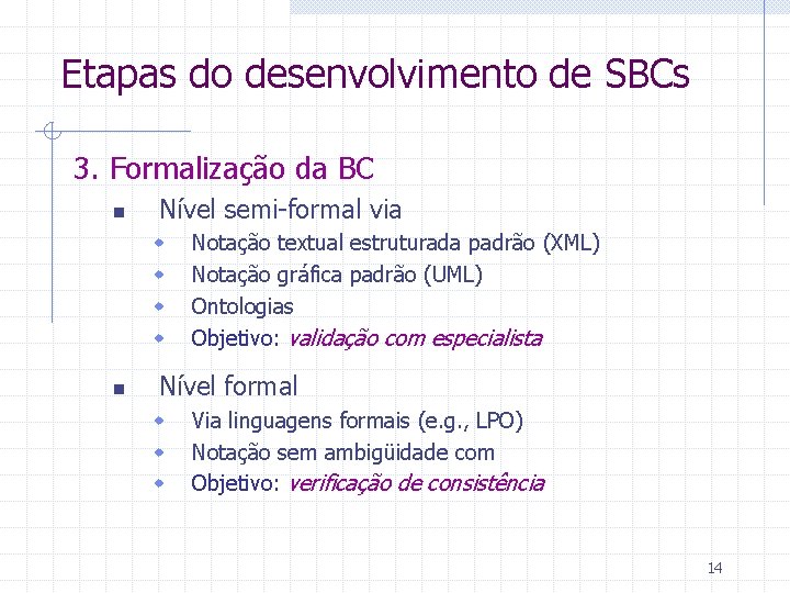 Etapas do desenvolvimento de SBCs 3. Formalização da BC n Nível semi-formal via w