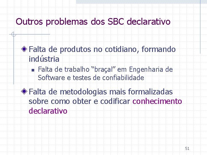 Outros problemas dos SBC declarativo Falta de produtos no cotidiano, formando indústria n Falta