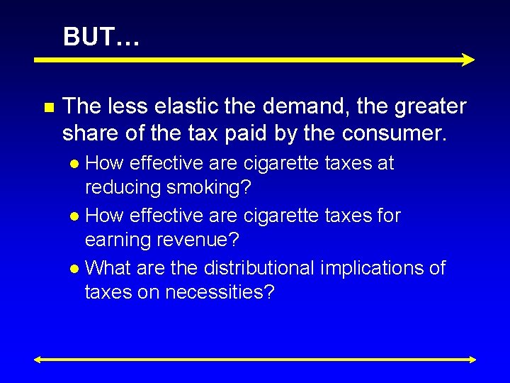 BUT… n The less elastic the demand, the greater share of the tax paid