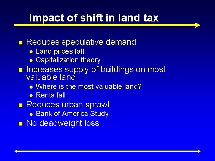 Impact of shift in land tax n Reduces speculative demand l l n Increases