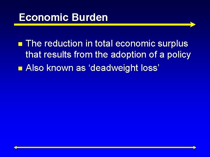 Economic Burden n n The reduction in total economic surplus that results from the