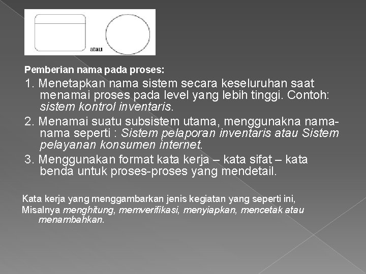 Pemberian nama pada proses: 1. Menetapkan nama sistem secara keseluruhan saat menamai proses pada