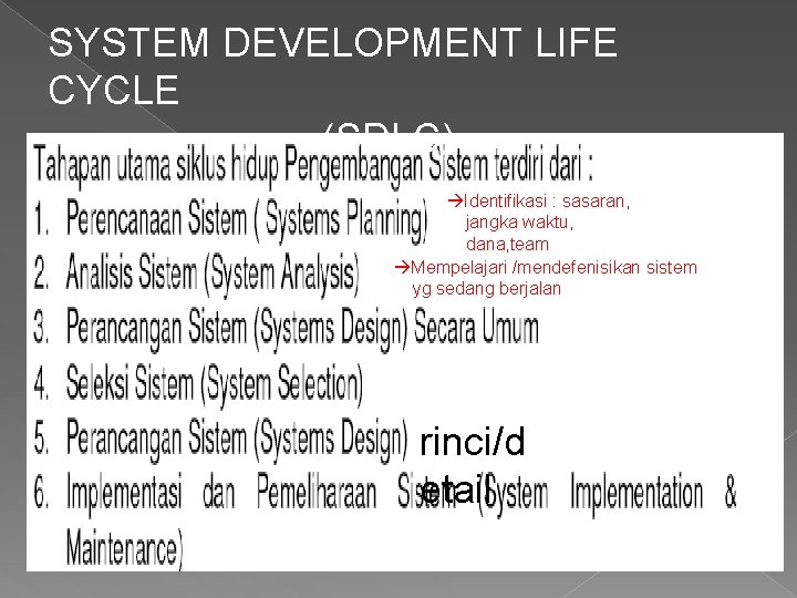 SYSTEM DEVELOPMENT LIFE CYCLE (SDLC) Identifikasi : sasaran, jangka waktu, dana, team Mempelajari /mendefenisikan