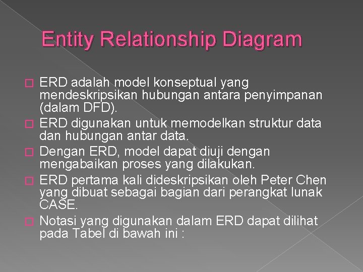 Entity Relationship Diagram � � � ERD adalah model konseptual yang mendeskripsikan hubungan antara