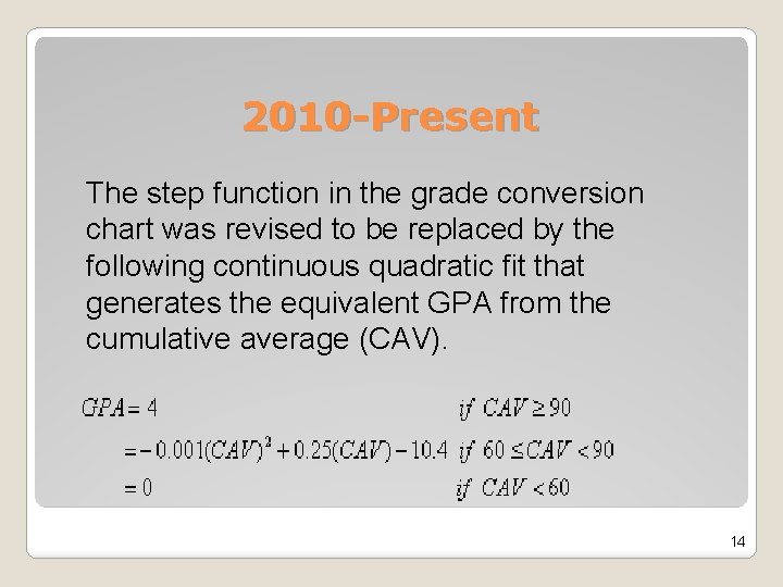 2010 -Present The step function in the grade conversion chart was revised to be