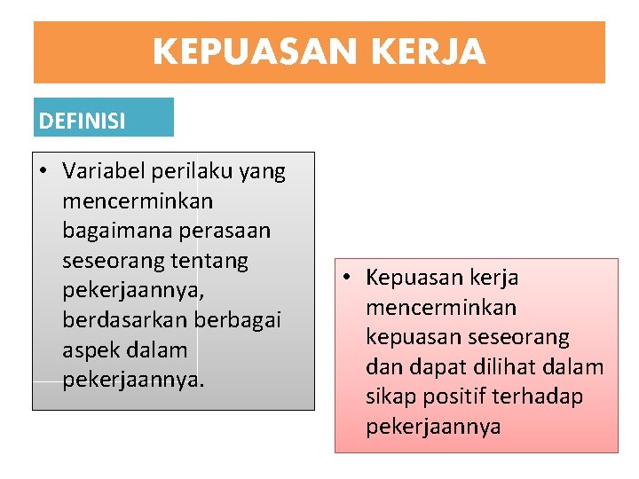 KEPUASAN KERJA DEFINISI • Variabel perilaku yang mencerminkan bagaimana perasaan seseorang tentang pekerjaannya, berdasarkan