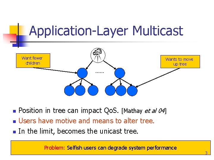 Application-Layer Multicast Want fewer children Wants to move up tree …… n n n