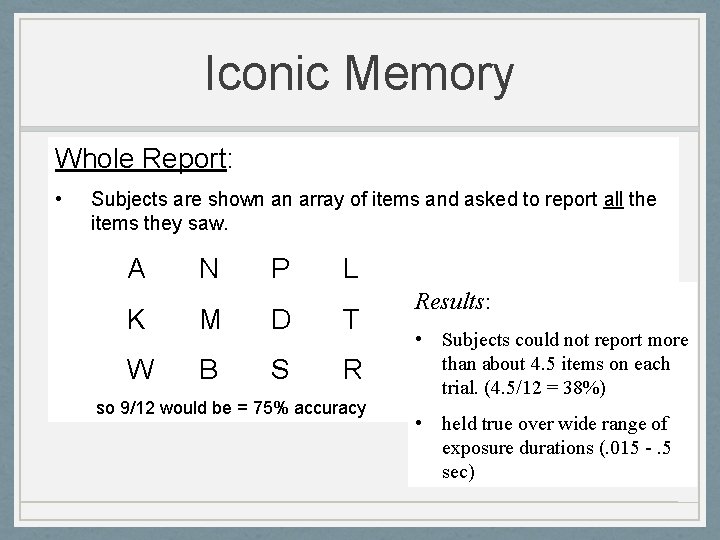 Iconic Memory Whole Report: • Subjects are shown an array of items and asked