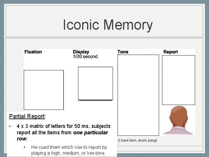 Iconic Memory 50 msec Partial Report: • 4 x 3 matrix of letters for