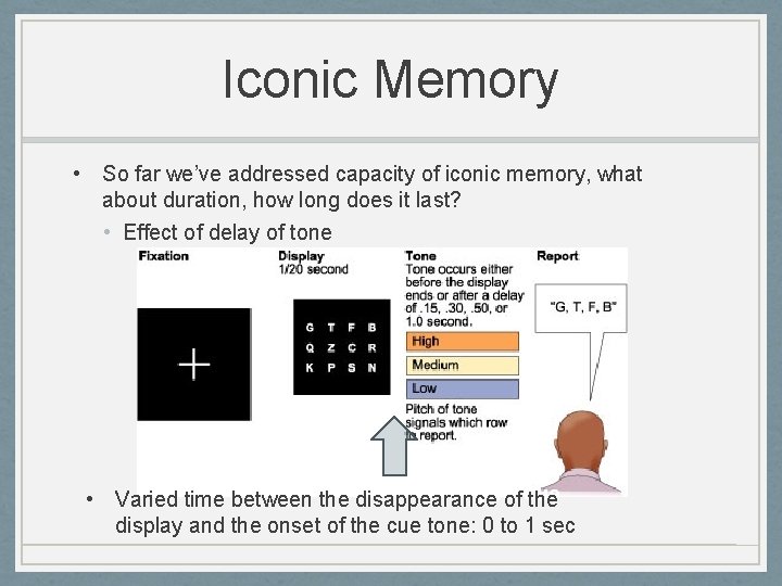 Iconic Memory • So far we’ve addressed capacity of iconic memory, what about duration,