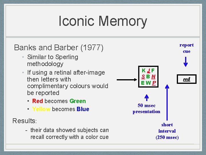 Iconic Memory report cue Banks and Barber (1977) • Similar to Sperling methodology •
