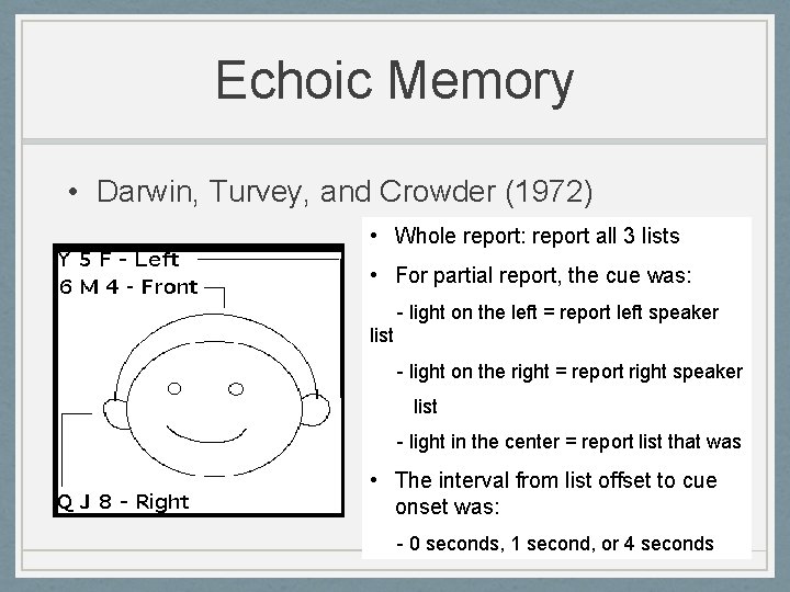 Echoic Memory • Darwin, Turvey, and Crowder (1972) • Whole report: report all 3