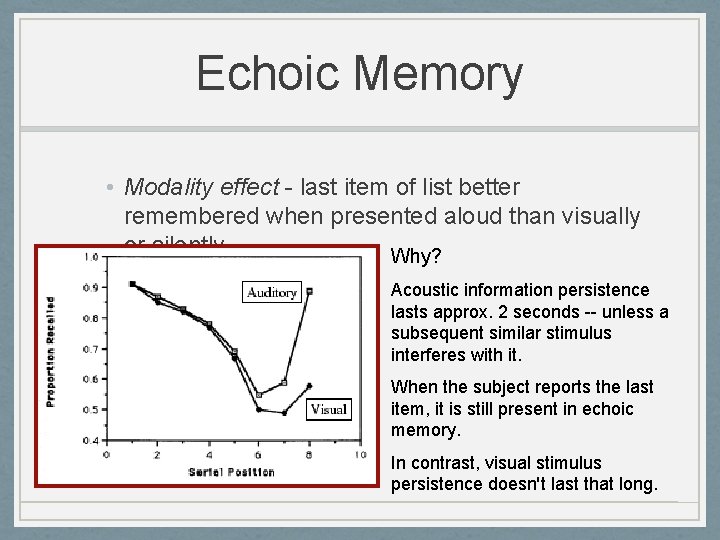 Echoic Memory • Modality effect - last item of list better remembered when presented