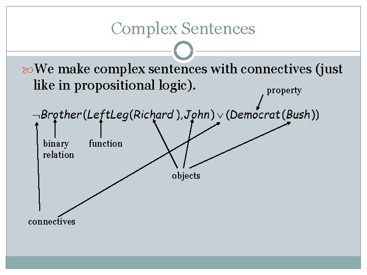 Complex Sentences We make complex sentences with connectives (just like in propositional logic). binary Complex Sentences We make complex sentences with connectives (just like in propositional logic). binary