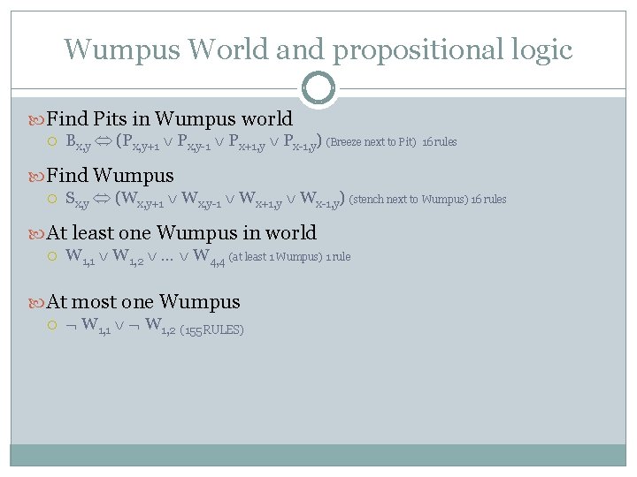 Wumpus World and propositional logic Find Pits in Wumpus world Bx, y (Px, y+1 Wumpus World and propositional logic Find Pits in Wumpus world Bx, y (Px, y+1