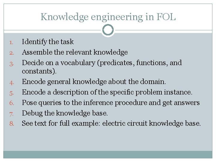 Knowledge engineering in FOL Identify the task 2. Assemble the relevant knowledge 3. Decide Knowledge engineering in FOL Identify the task 2. Assemble the relevant knowledge 3. Decide
