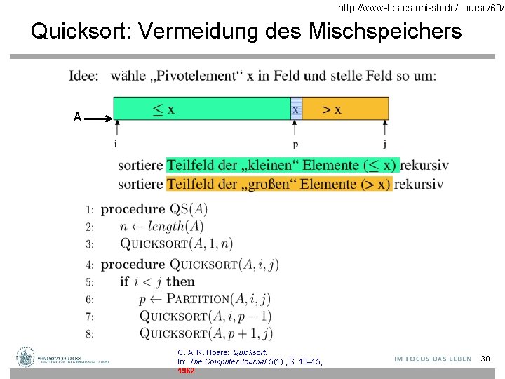 http: //www-tcs. uni-sb. de/course/60/ Quicksort: Vermeidung des Mischspeichers A C. A. R. Hoare: Quicksort.