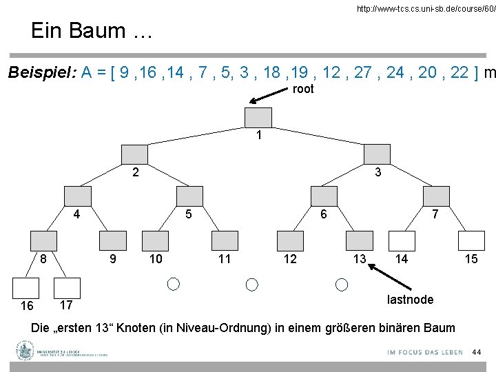 http: //www-tcs. uni-sb. de/course/60/ Ein Baum … Beispiel: A = [ 9 , 16