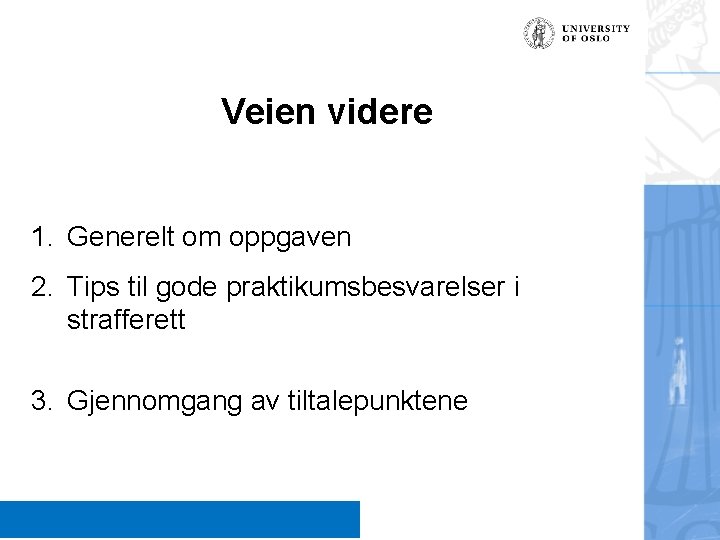 Veien videre 1. Generelt om oppgaven 2. Tips til gode praktikumsbesvarelser i strafferett 3.