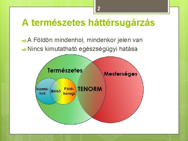 2 A természetes háttérsugárzás A Földön mindenhol, mindenkor jelen van Nincs kimutatható egészségügyi hatása