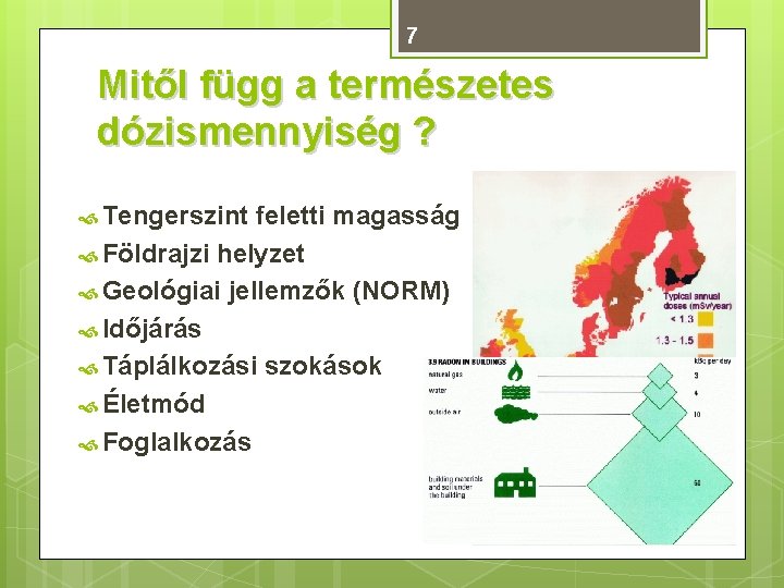 7 Mitől függ a természetes dózismennyiség ? Tengerszint feletti magasság Földrajzi helyzet Geológiai jellemzők