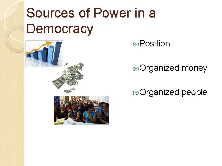 Sources of Power in a Democracy Position Organized money Organized people 