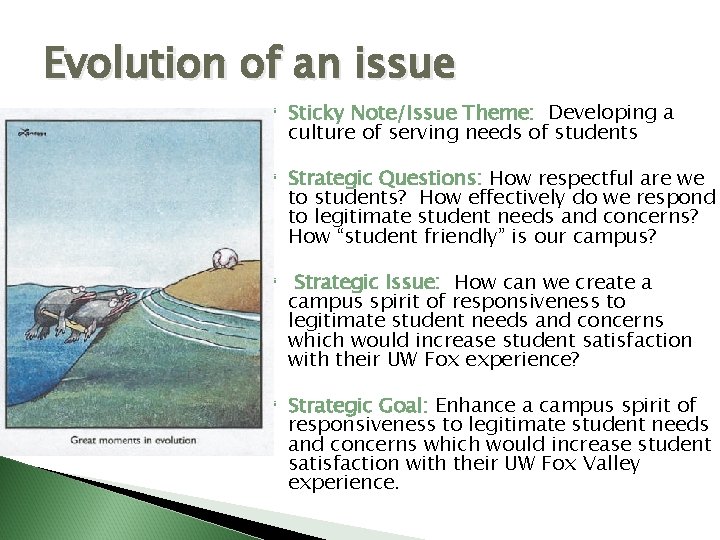 Evolution of an issue Sticky Note/Issue Theme: Developing a culture of serving needs of