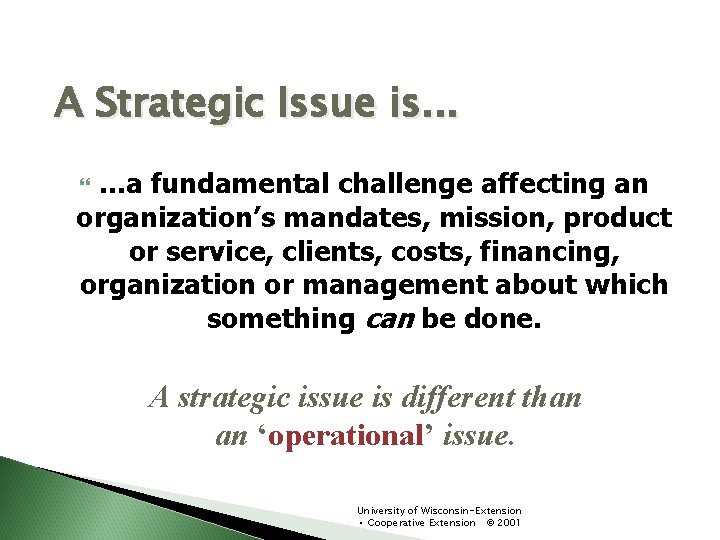 A Strategic Issue is. . . a fundamental challenge affecting an organization’s mandates, mission,