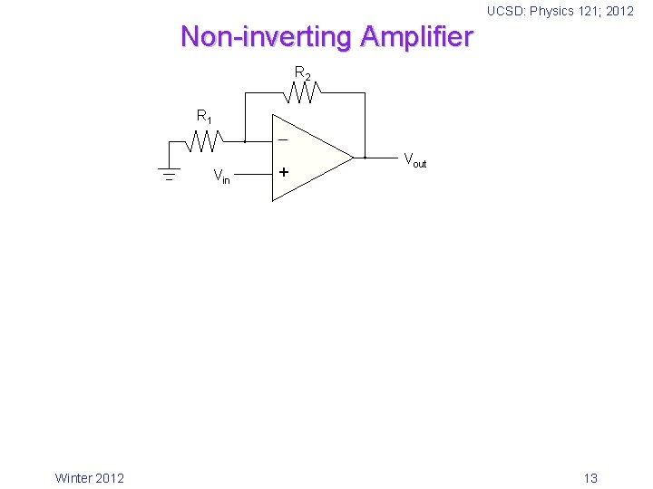 UCSD: Physics 121; 2012 Non-inverting Amplifier R 2 R 1 Vin Winter 2012 +