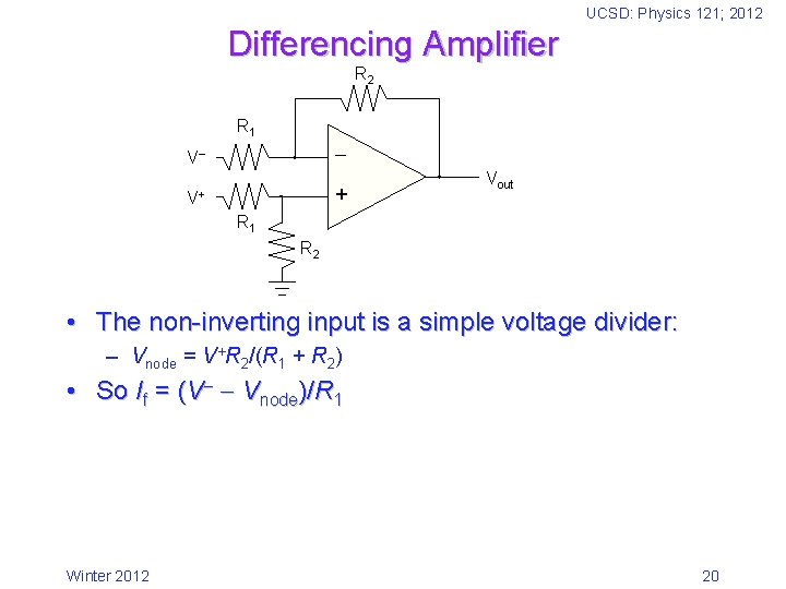 UCSD: Physics 121; 2012 Differencing Amplifier R 2 R 1 V + V+ Vout