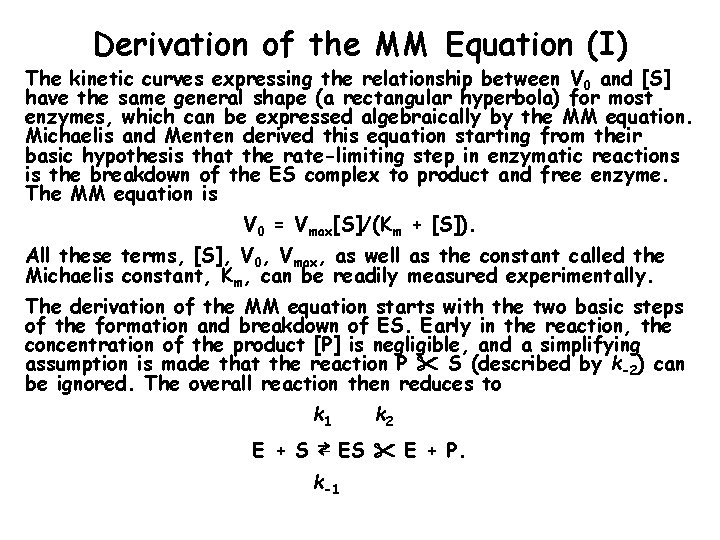 Derivation of the MM Equation (I) The kinetic curves expressing the relationship between V