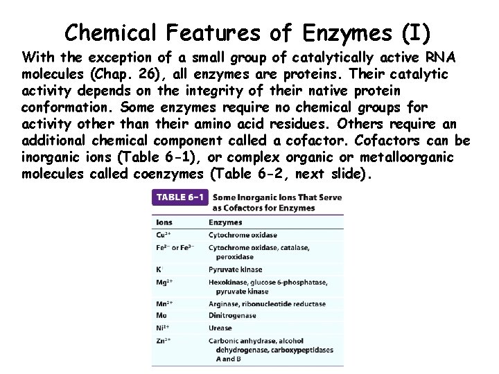 Chemical Features of Enzymes (I) With the exception of a small group of catalytically