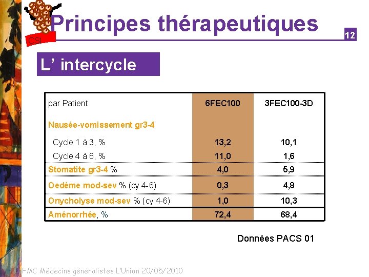 Principes thérapeutiques CSI L’ intercycle par Patient 6 FEC 100 3 FEC 100 -3