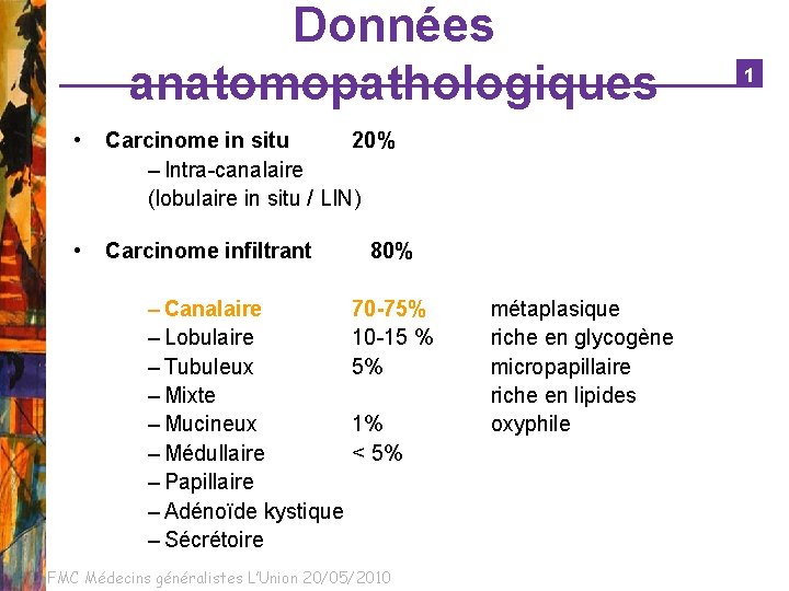 Données anatomopathologiques • Carcinome in situ 20% – Intra-canalaire (lobulaire in situ / LIN)