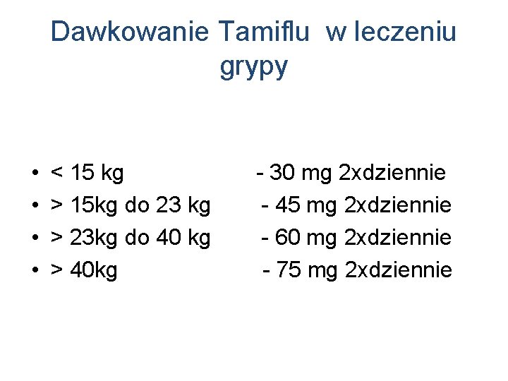 Dawkowanie Tamiflu w leczeniu grypy • • < 15 kg > 15 kg do