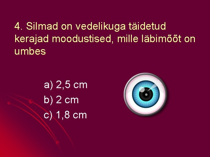 4. Silmad on vedelikuga täidetud kerajad moodustised, mille läbimõõt on umbes a) 2, 5