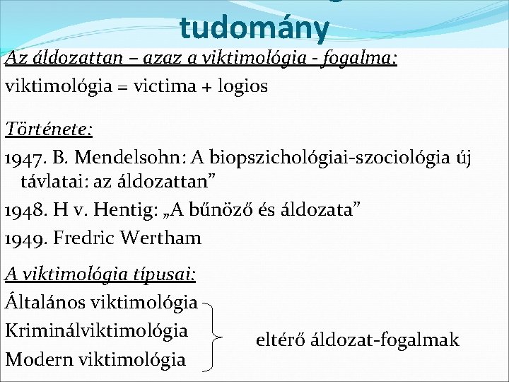 tudomány Az áldozattan – azaz a viktimológia - fogalma: viktimológia = victima + logios tudomány Az áldozattan – azaz a viktimológia - fogalma: viktimológia = victima + logios