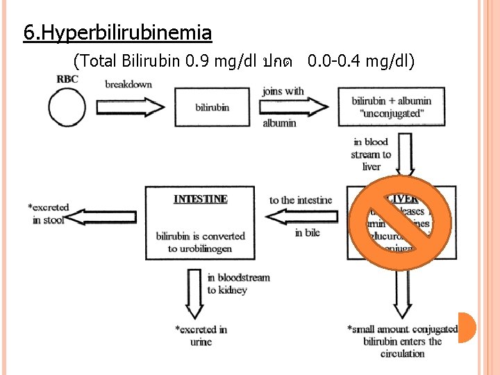 6. Hyperbilirubinemia (Total Bilirubin 0. 9 mg/dl ปกต 0. 0 -0. 4 mg/dl) 