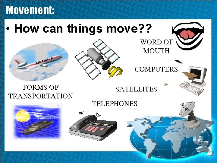 Movement: • How can things move? ? WORD OF MOUTH COMPUTERS FORMS OF TRANSPORTATION