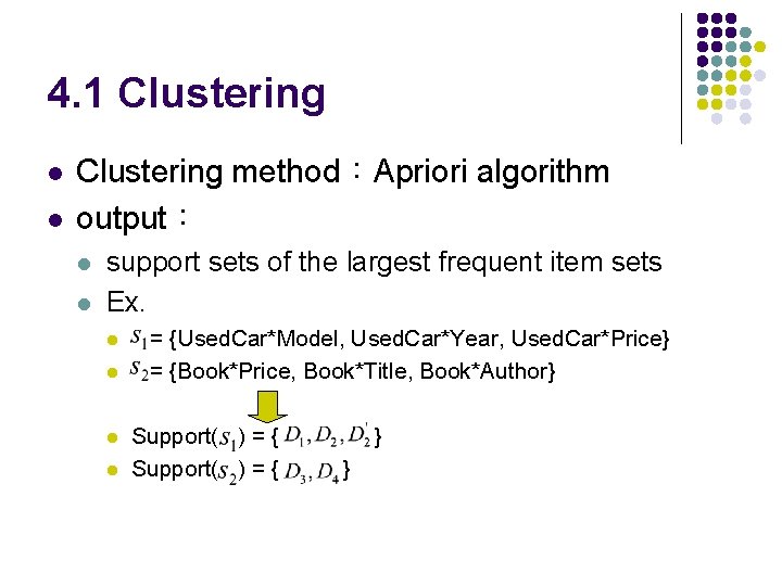 4. 1 Clustering l l Clustering method：Apriori algorithm output： l l support sets of