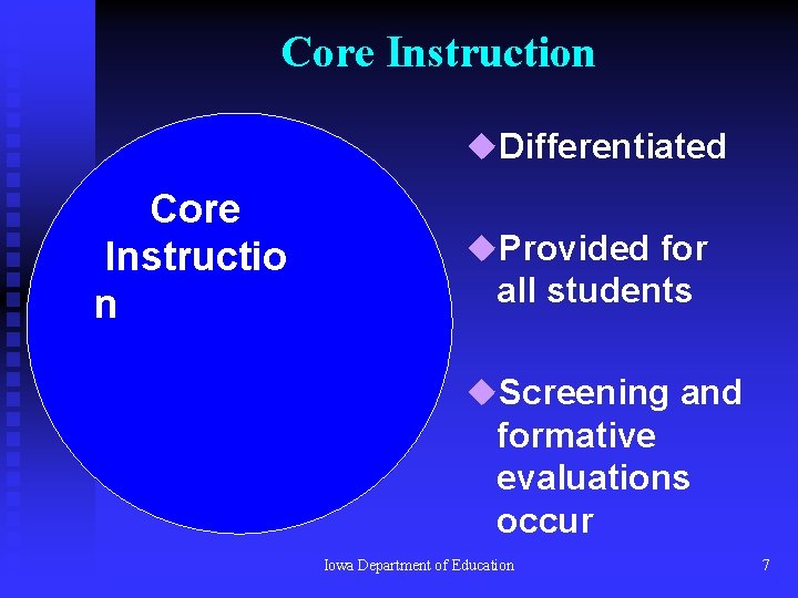 Core Instruction u. Differentiated Core Instructio n u. Provided for all students u. Screening