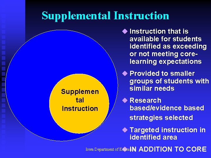 Supplemental Instruction u Instruction that is available for students identified as exceeding or not
