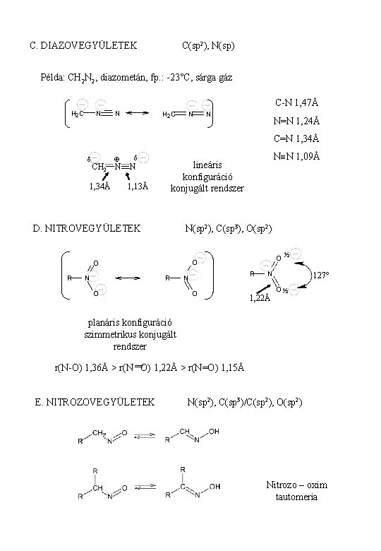 C. DIAZOVEGYÜLETEK C(sp 2), N(sp) Példa: CH 2 N 2, diazometán, fp. : -23°C,