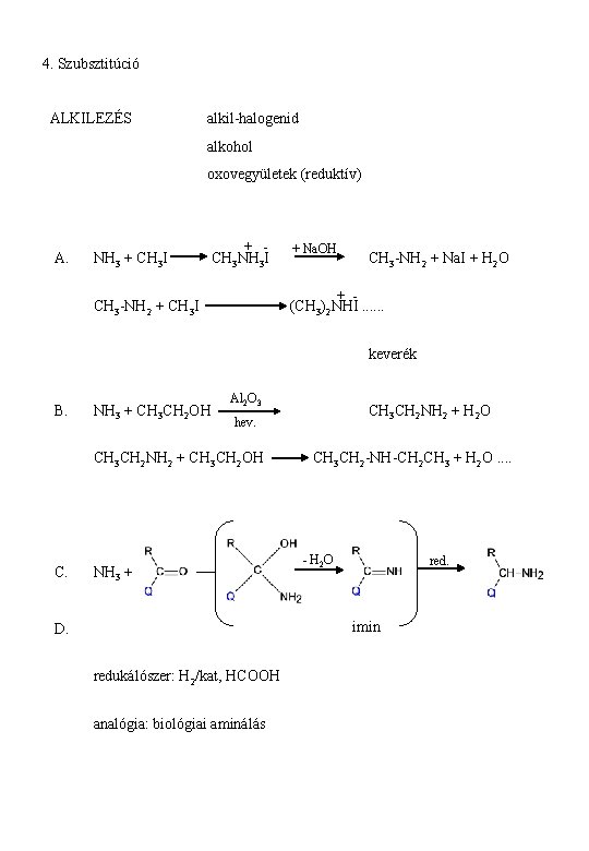 4. Szubsztitúció ALKILEZÉS alkil-halogenid alkohol oxovegyületek (reduktív) A. NH 3 + CH 3 I